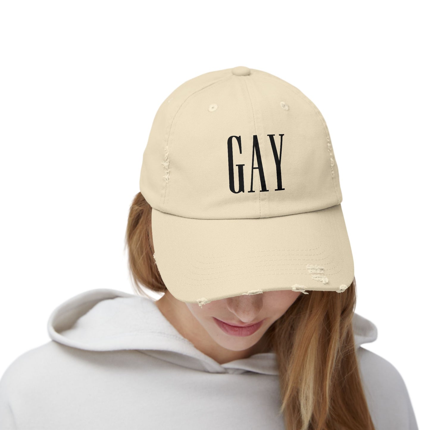 Gap but make it GAY hat funny hat lgbt pride festival concert masc fashion queer Unisex Distressed Cap