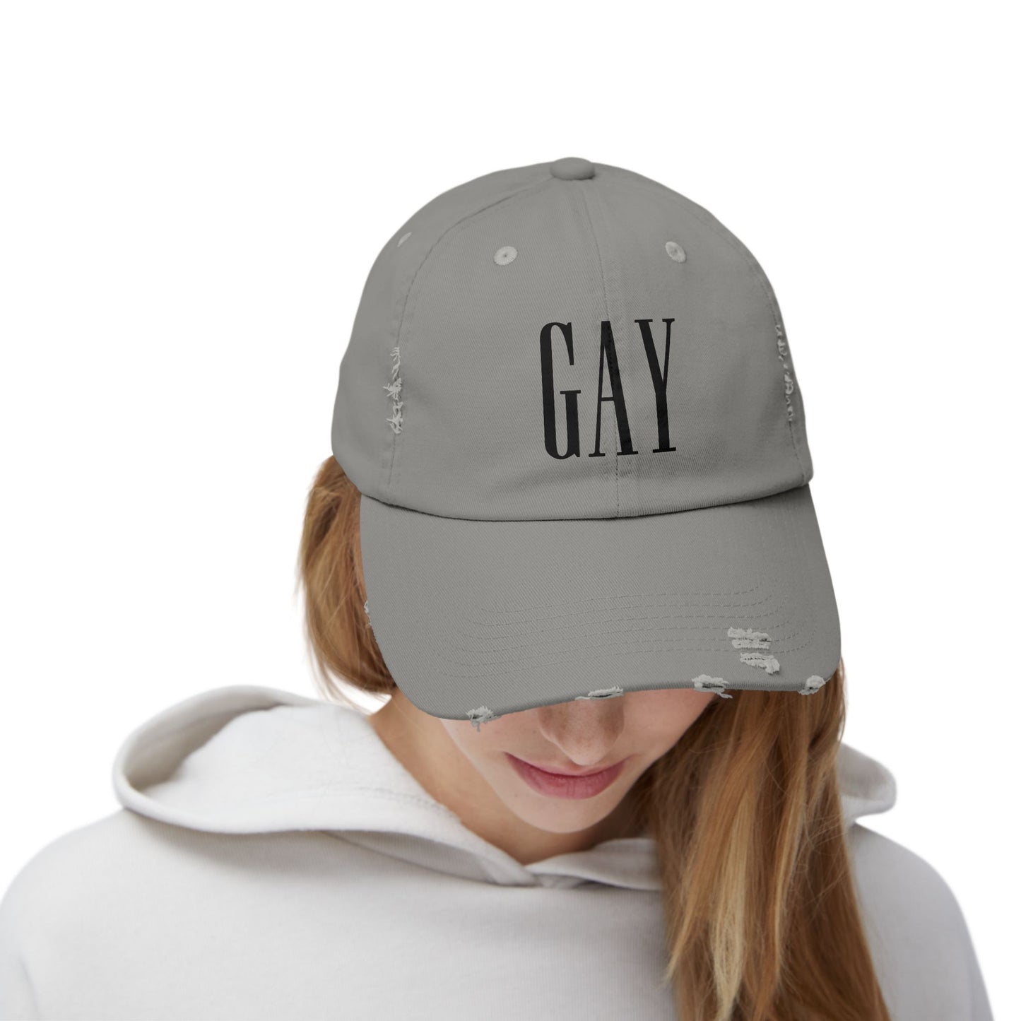 Gap but make it GAY hat funny hat lgbt pride festival concert masc fashion queer Unisex Distressed Cap