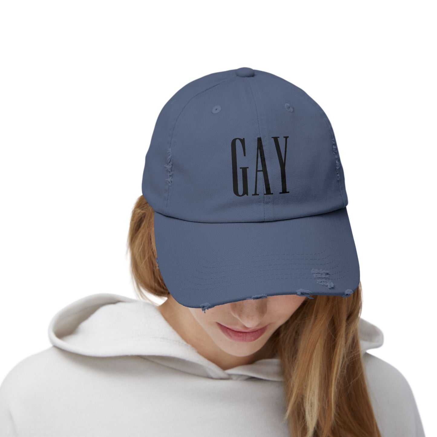 Gap but make it GAY hat funny hat lgbt pride festival concert masc fashion queer Unisex Distressed Cap